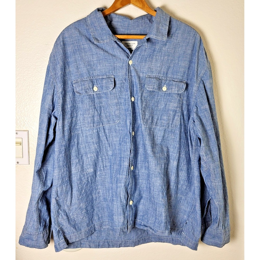 American Eagle Chambray Button Up Shirt Men's L 100% Cotton Beachy Workwear